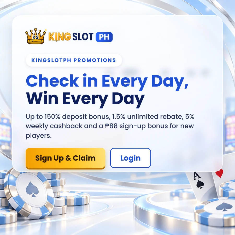 KingSlotPH promotions: check in every day, win every day. Up to 150% deposit bonus, 1.5% unlimited rebate, 5% weekly cashback